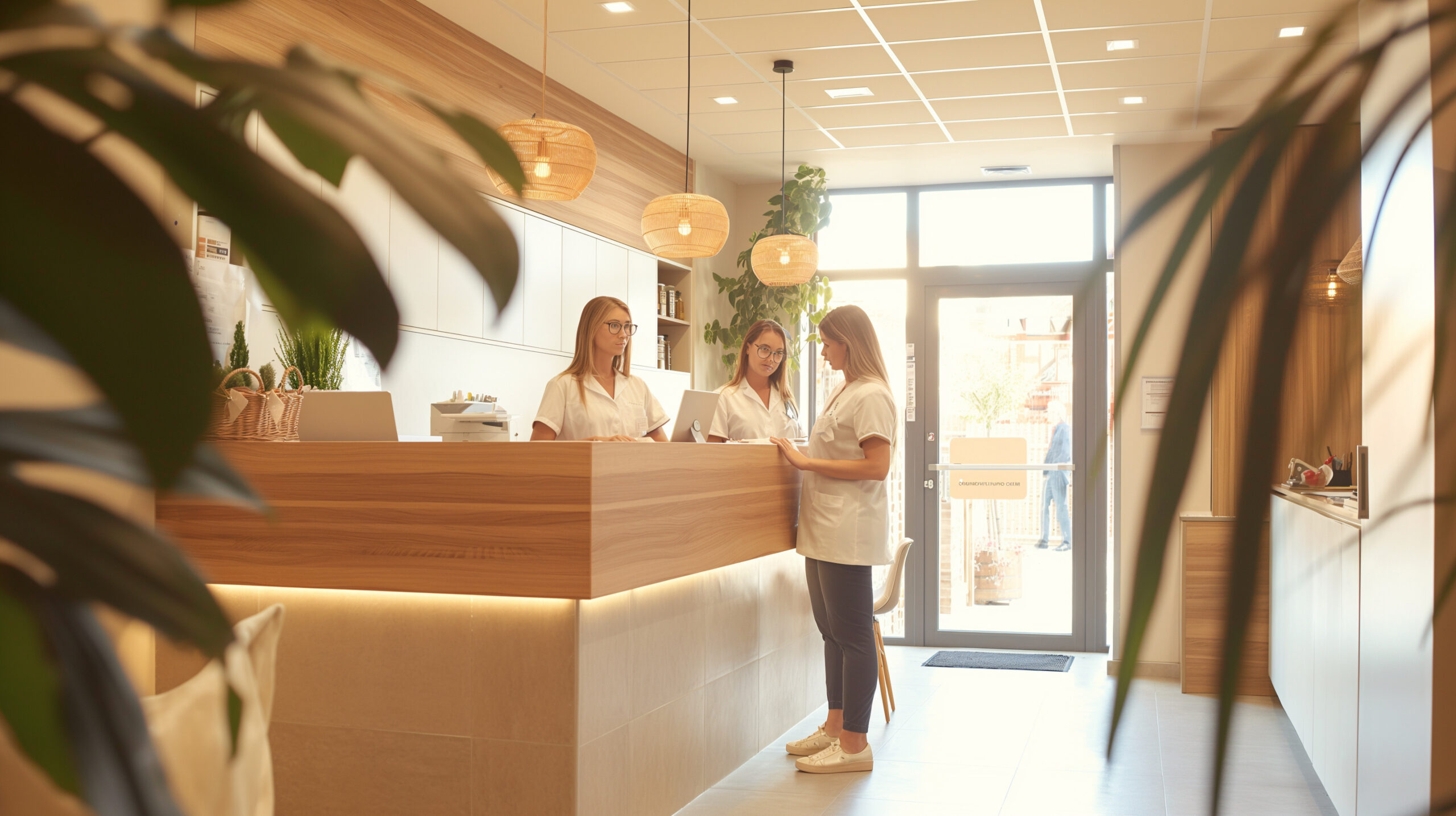 Photo of Dental clinic receptionists make appointments and ask questions about patients, using natural light